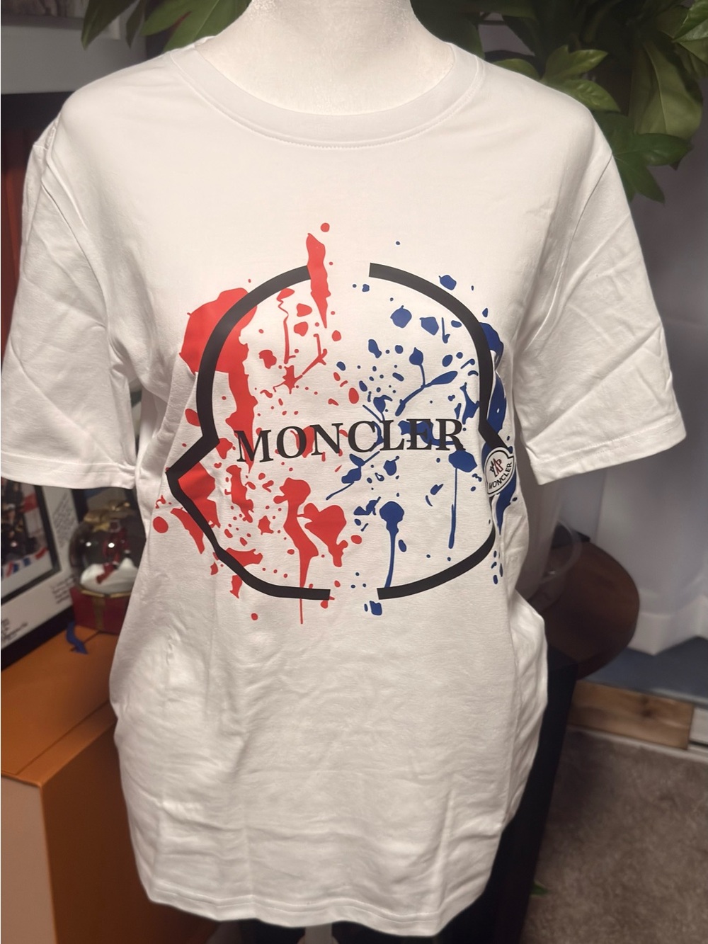 Moncler White T-Shirt with Red & Blue Paint-Splash Logo